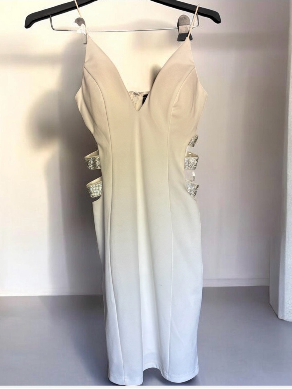 Windsor White Midi Dress with Glitter Side Cutouts and Spaghetti Strapes Size XS